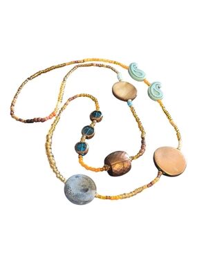 Beaded Mixed-Media Necklace in Gold, Bronze and Turquoise
